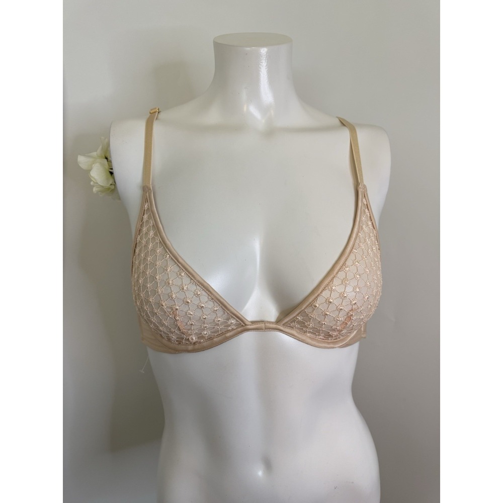 Victoria Secret Lingerie Strappy Bk Starburst Unlined Plunge Bra 32B Beige NWOT